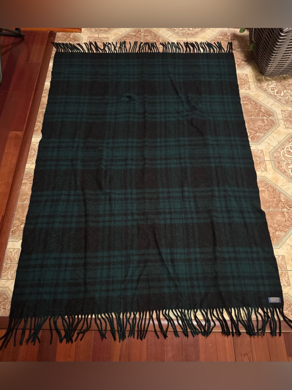 Vintage Pendleton Dark Green/Black Fringed Motor Robe complete w/carrying case.